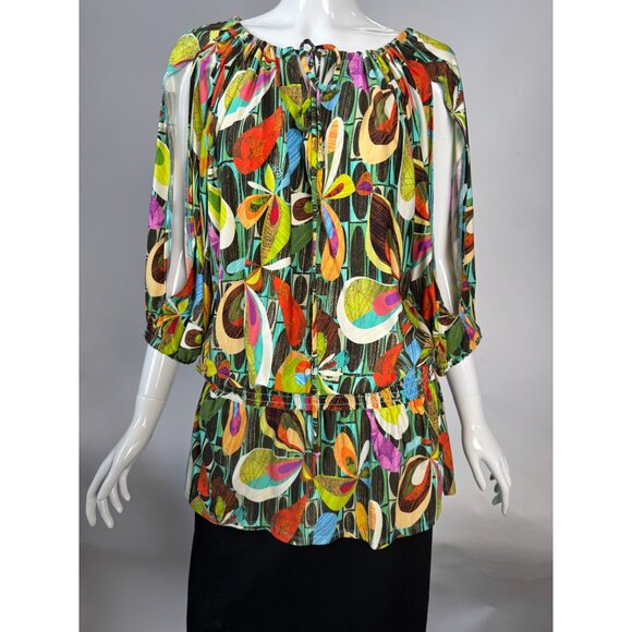 Trina Turk Womens Multicolor Floral Blouse With Elastic Waist & Bishop Sleeves - Picture 12 of 16